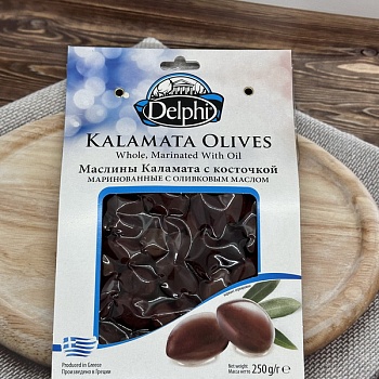 Маслины Каламата с косточкой маринованные с оливковковым маслом DELPHI 250г